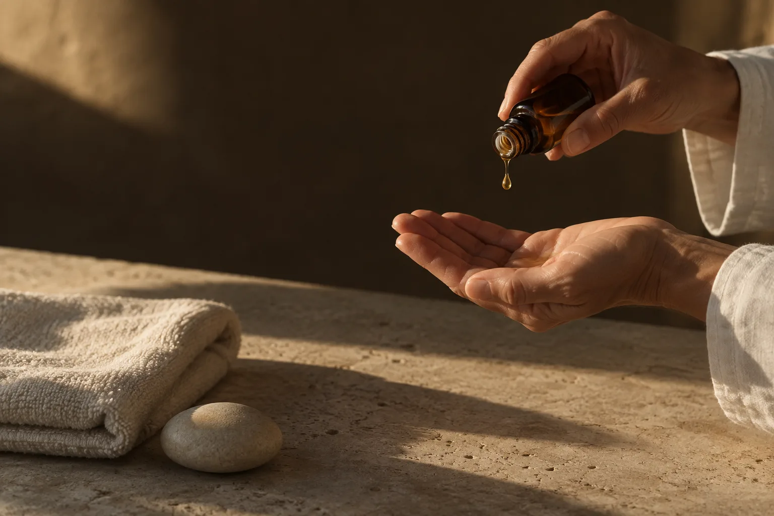 Massage oil being prepared over an open palm — Soleil campaign artwork